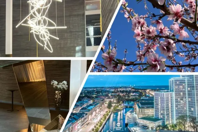 Collage of photos of flowers and buildings.