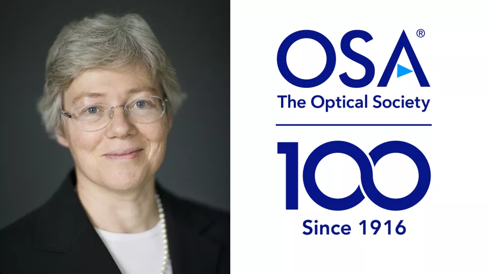 Photo of Anne l’Huillier and the logotype of the Optical Society.