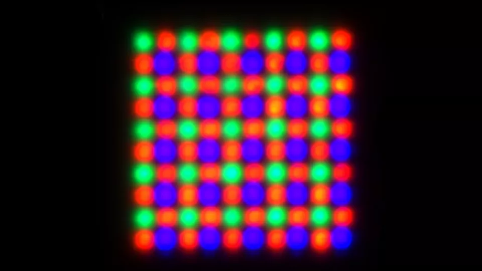 A magnified picture of a prototype of a micro-LED full-color display made by indium-gallium-nitride (InGaN) using 20x20 µm2 subpixels on an LTPS backplane. Courtesy of Glo AB.