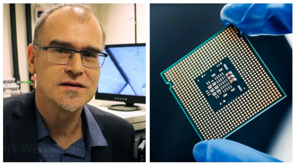 Photo of a man and a data chip.