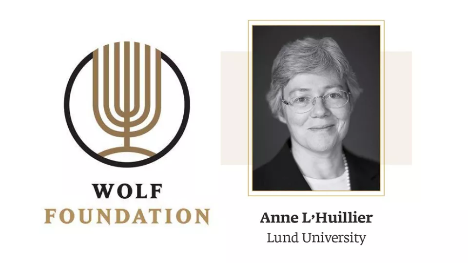 Logotype of Wolf Foundation and photo of Anne L’Huillier.