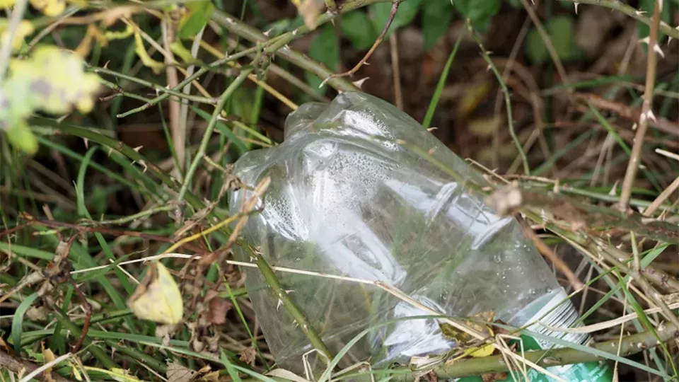 A plastic bottle containing non-degradable nanoplastics abandoned in the middle of the green grass. Photo.