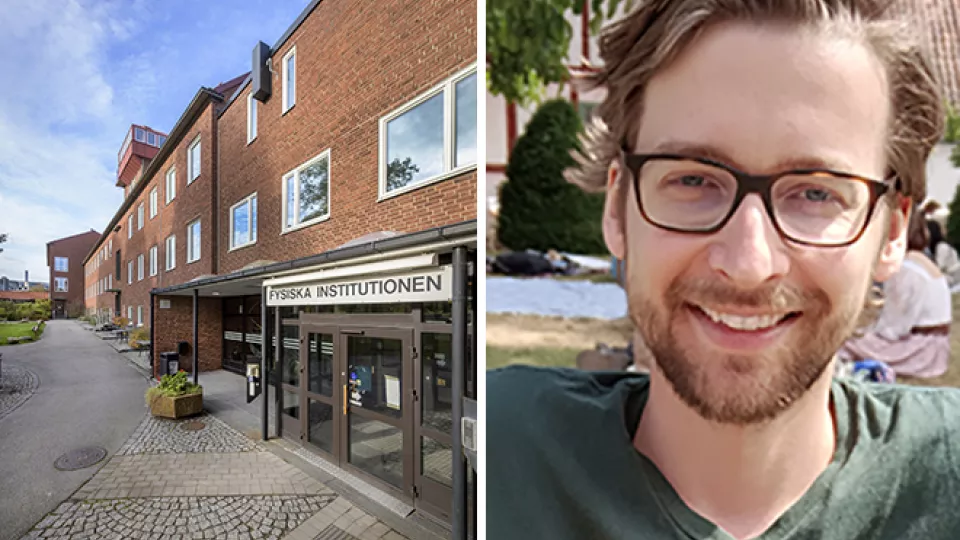 Photo collage of a brick building and a young man with glasses and beard.