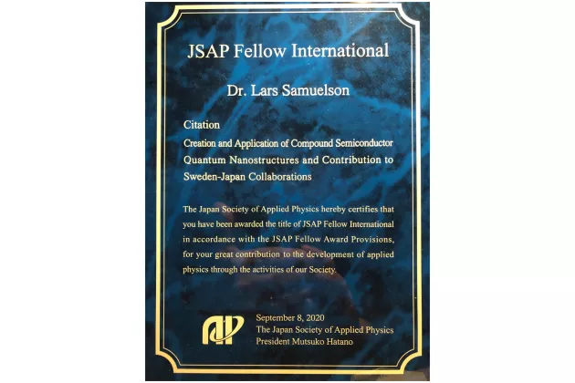 "Fellow International" Award diploma to Lars Samuelson by the Japan Society of Applied Physics 