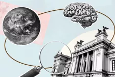 A globe, a brain, a university building and a magnifying glass all connected in a circle. Illustration.
