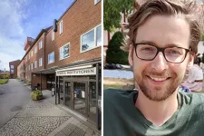 Photo collage of a brick building and a young man with glasses and beard.