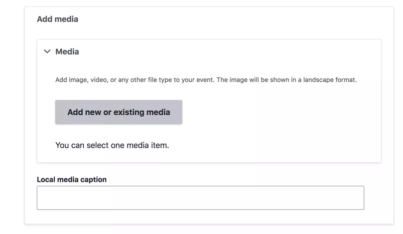 Screenshot demonstrating how to add media to an event page