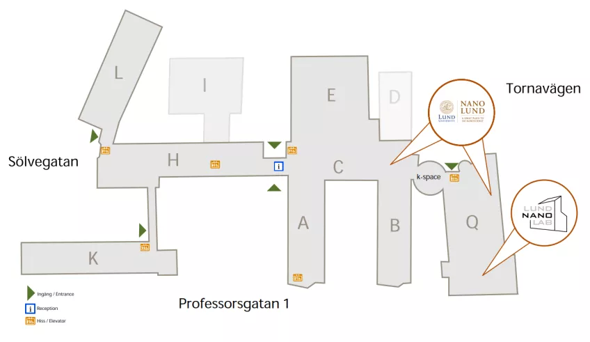 Map of Department of Physics, NanoLund, Lund Nano lab and k-space