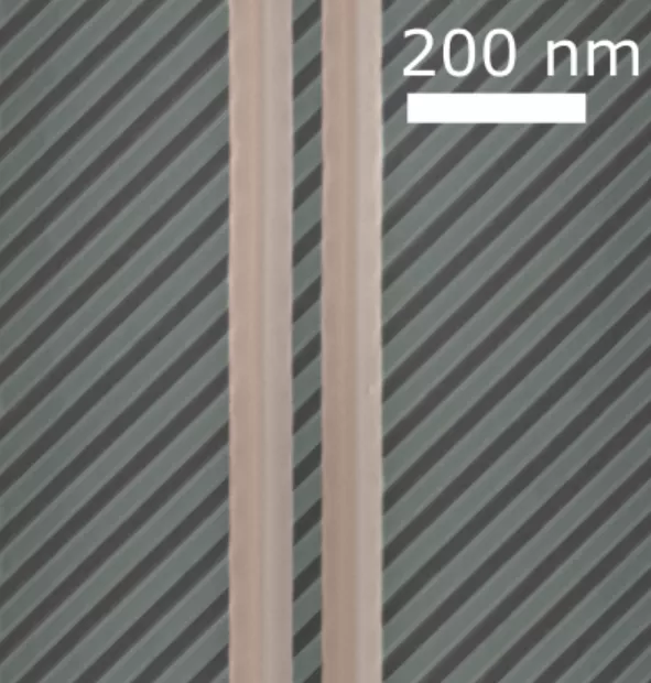 Nanoelectronics Delta Ridge spacers; false coloured SEM photo