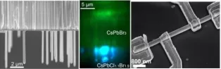 Three images showing growth of nanowires.